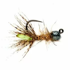 Fulling Mill Peeping Caddis Jig Burnt Green Tungsten Beadhead Barbless Flies
