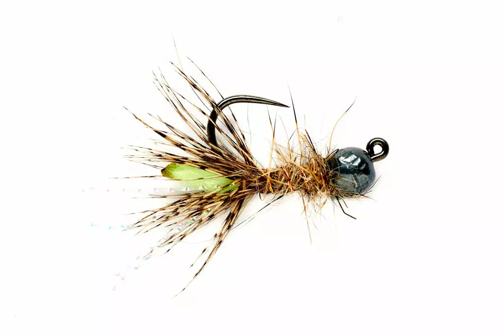 Fulling Mill Peeping Caddis Jig Burnt Green Tungsten Beadhead Barbless Flies